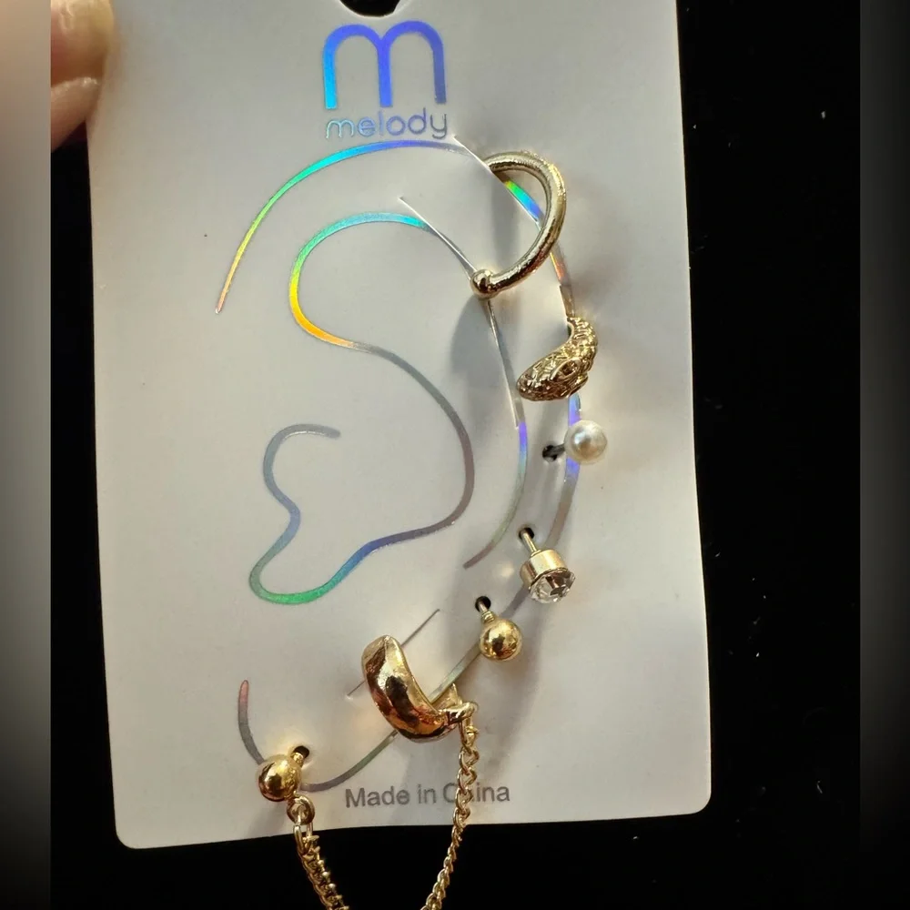 Gold Earring Set–Huggie,Chain,Pearl& Stud Stack - Picture 2 of 4